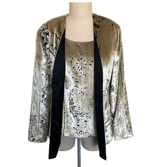Zonda Nellis Custom Made Gold Black Silk 3 Piece Suit Blazer Skirt Top - Picture 1 of 12